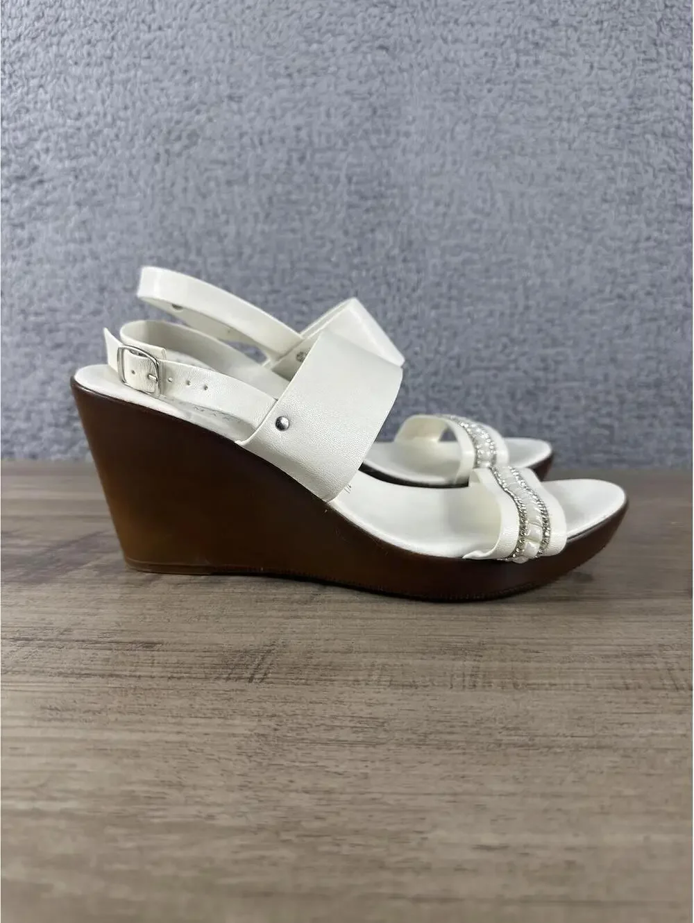 Italian Shoemakers White Rhinestone Wedge Sandals Size 7.5